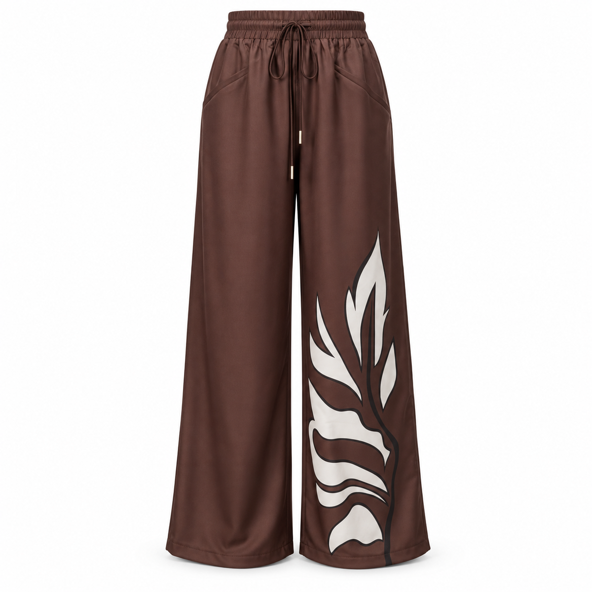 Olea | Pantalón Wide Leg Marrón con Estampado Botánico para Dama