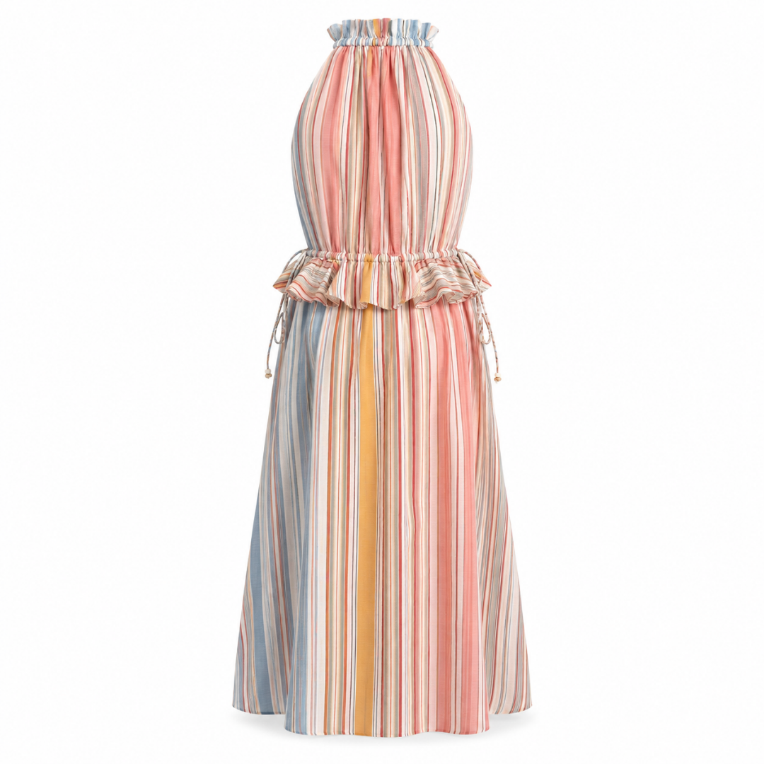 Olea | Vestido Largo Halter a Rayas con Volante para Dama