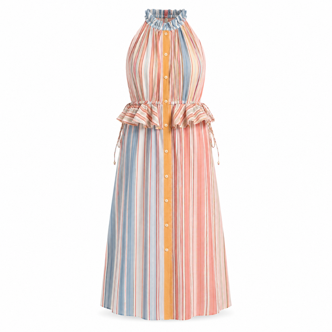 Olea | Vestido Largo Halter a Rayas con Volante para Dama