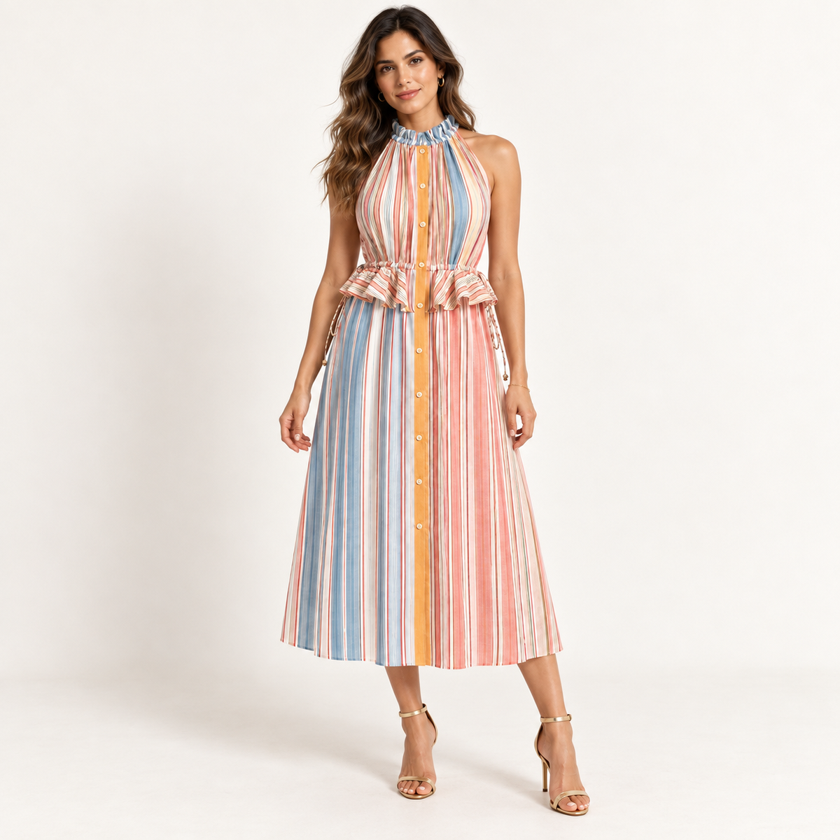Olea | Vestido Largo Halter a Rayas con Volante para Dama