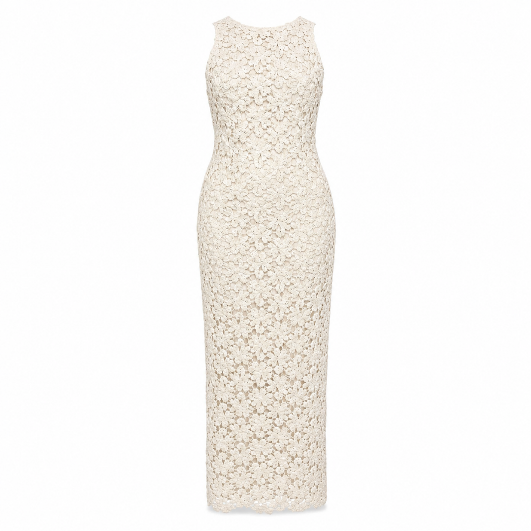 Olea Vestido largo de crochet floral en marfil