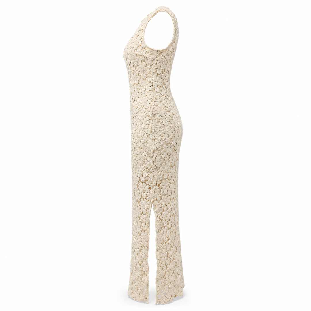 Olea Vestido largo de crochet floral en marfil