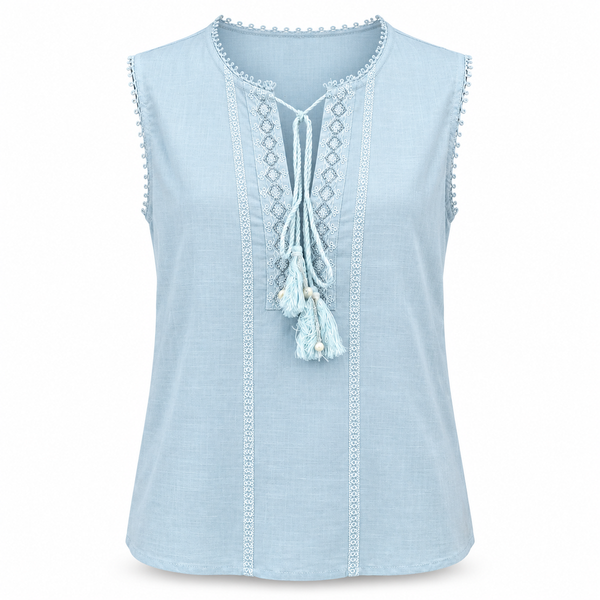 Olea | Blusa Celeste sin Mangas con Bordado y Borlas para Dama