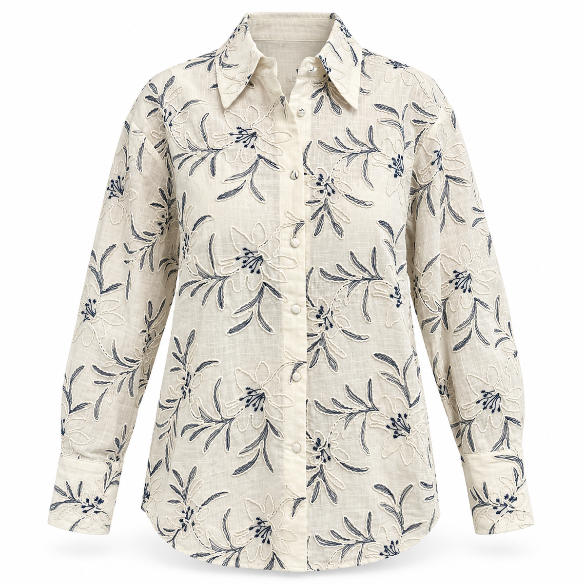 Olea | Camisa Marfil con Estampado Botánico Azul para Dama