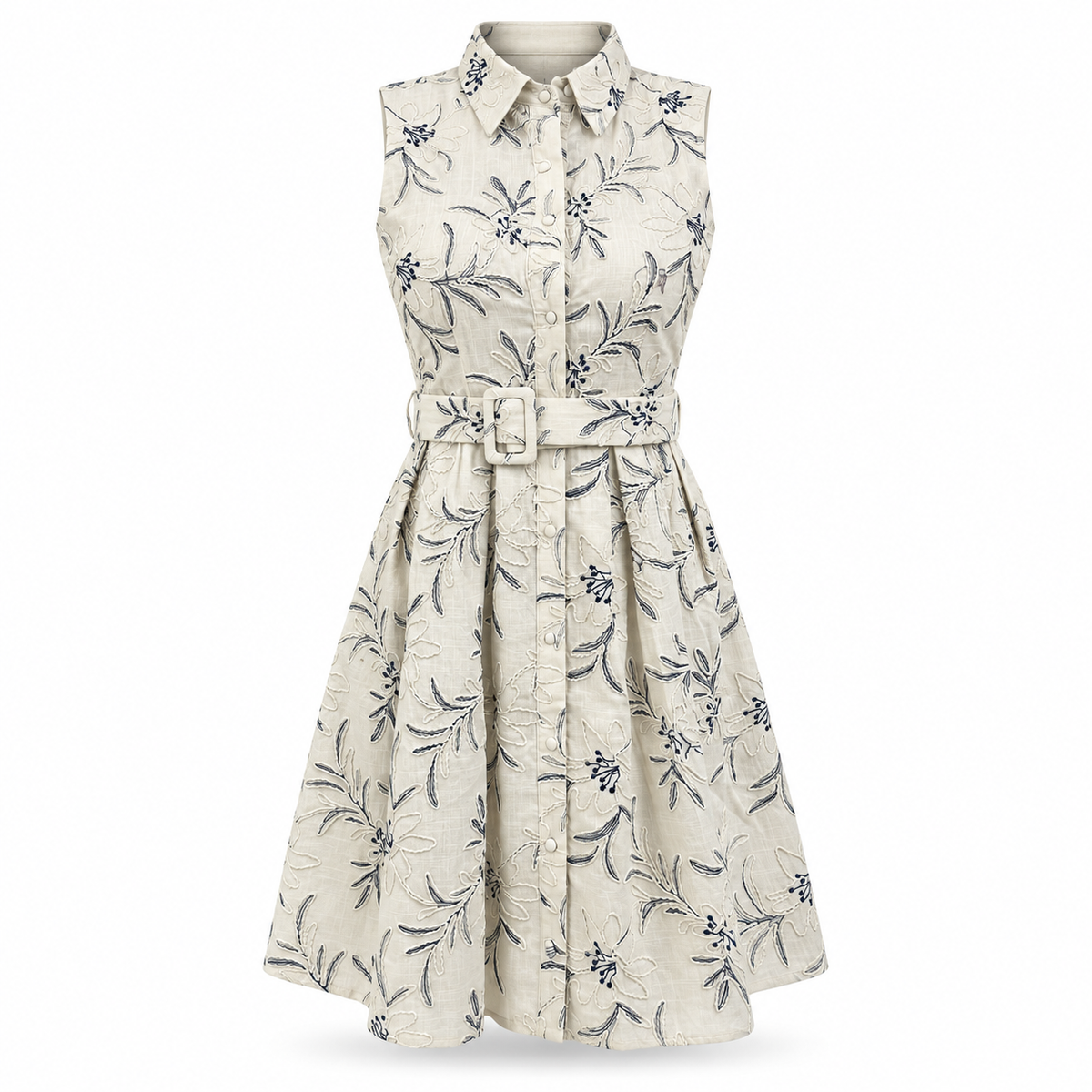 Olea | Vestido Camisero Marfil Estampado con Cinturón para Dama