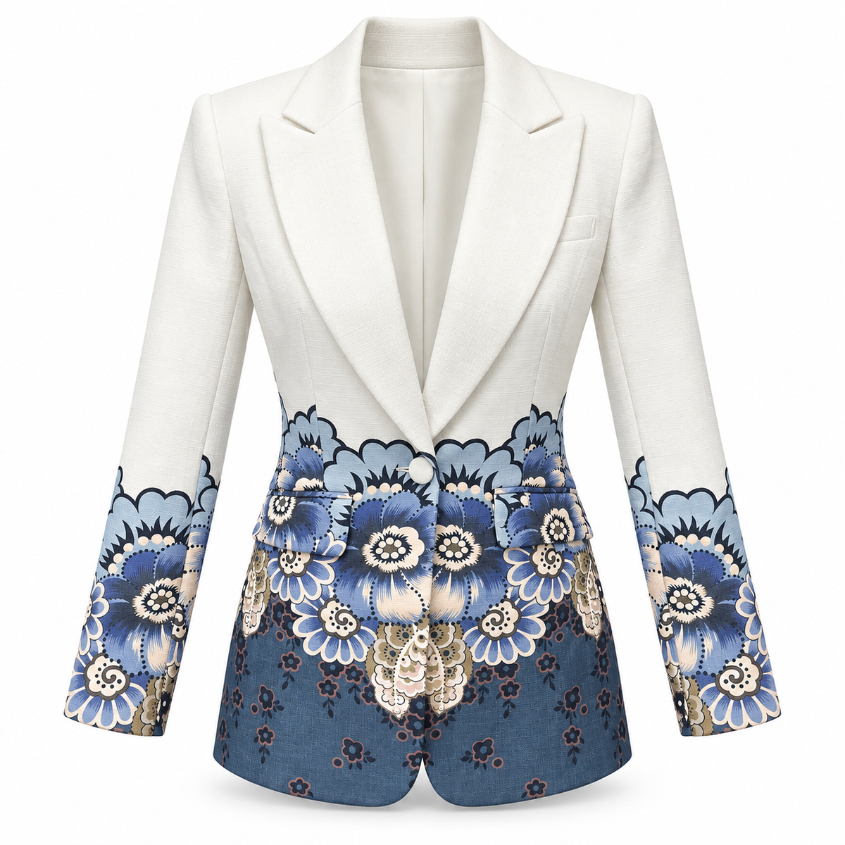 Olea | Blazer Blanco con Estampado Floral Azul para Dama