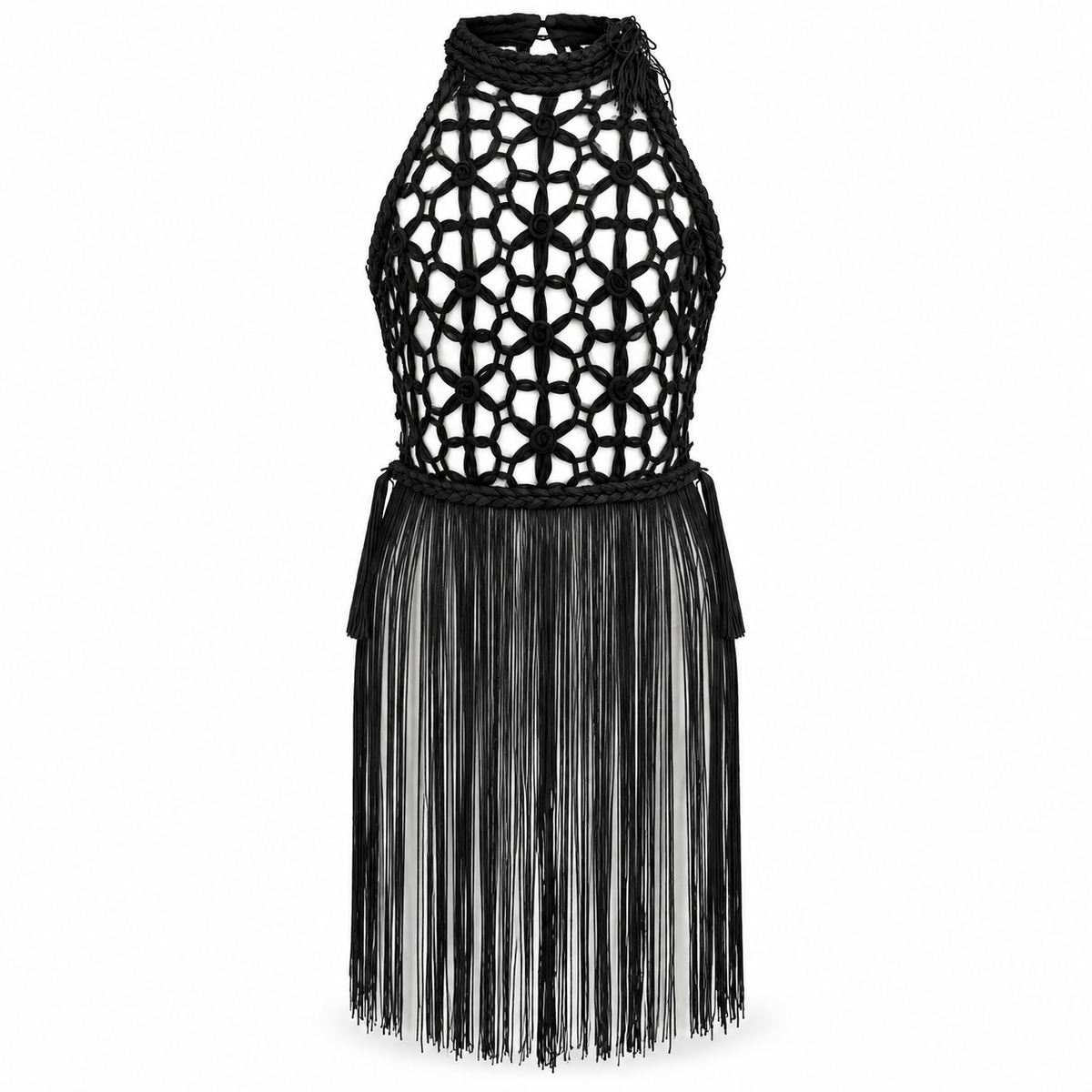 Olea | Vestido Negro de Crochet con Flecos para Dama