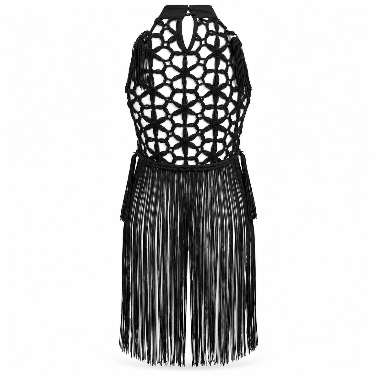 Olea | Vestido Negro de Crochet con Flecos para Dama