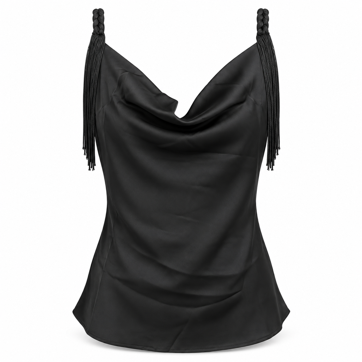 Olea | Top Negro Satinado con Escote Drapeado y Flecos para Dama