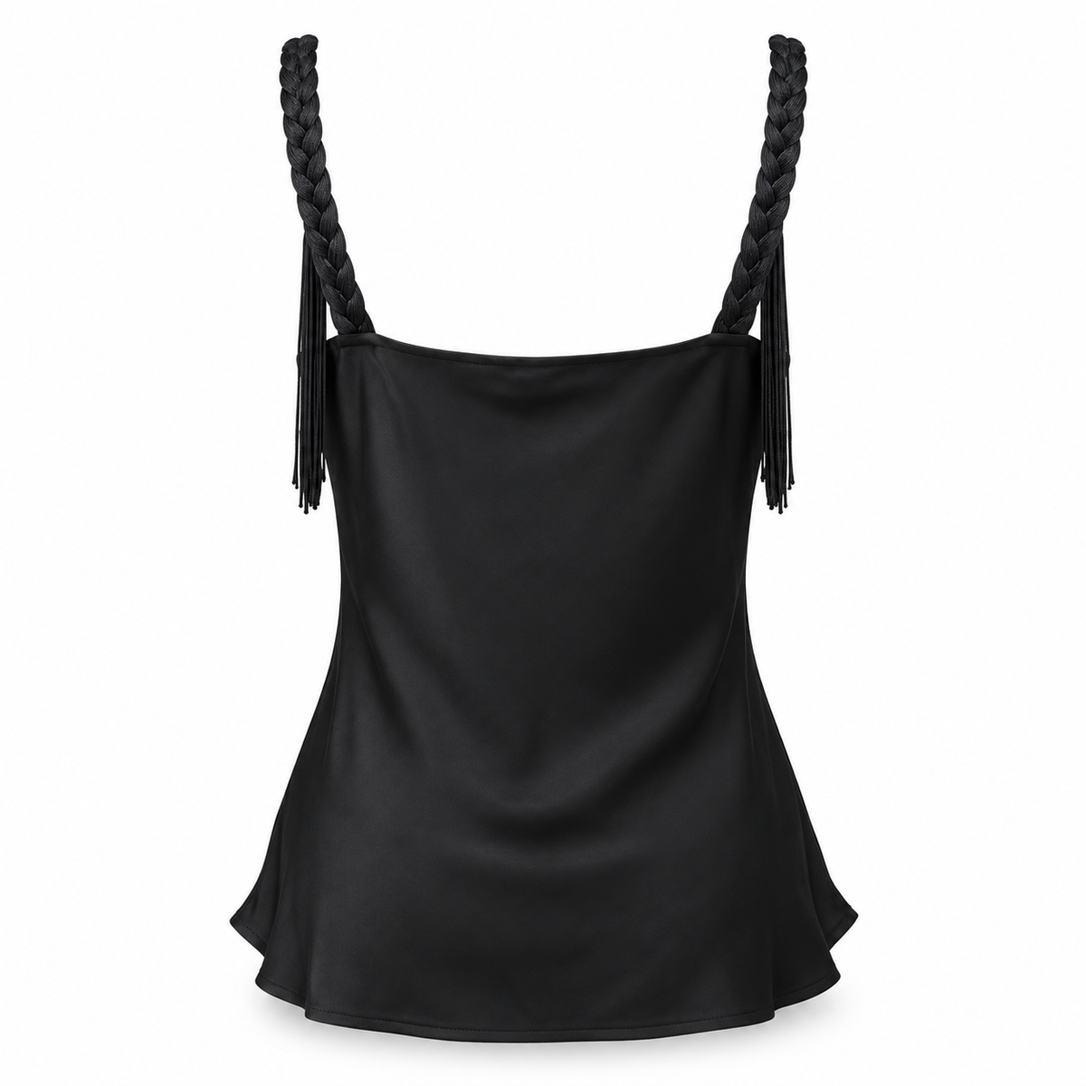 Olea | Top Negro Satinado con Escote Drapeado y Flecos para Dama