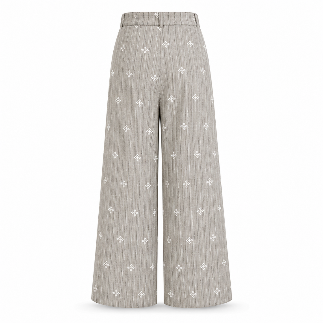 Olea Pantalón ancho gris a rayas con bordado floral