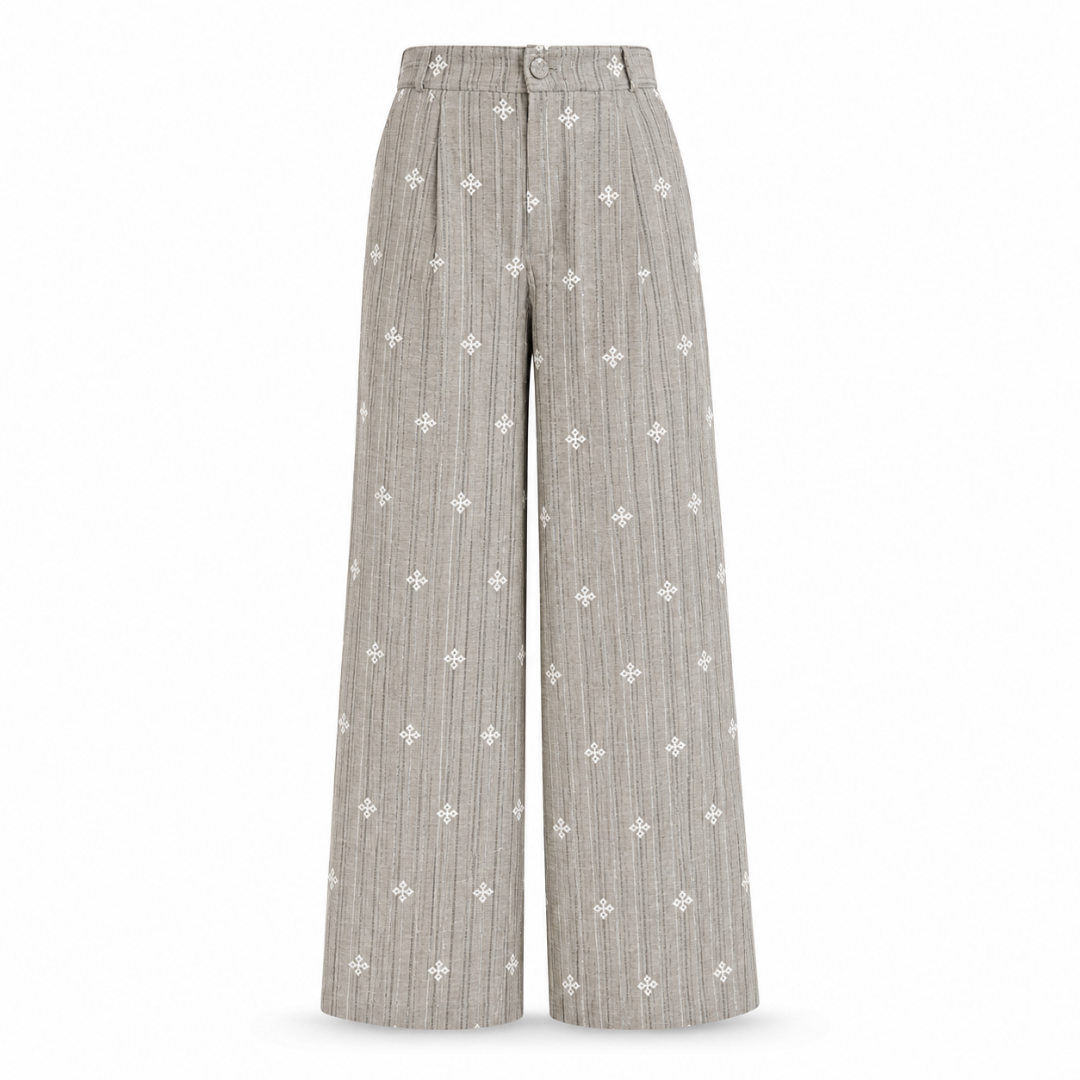 Olea Pantalón ancho gris a rayas con bordado floral