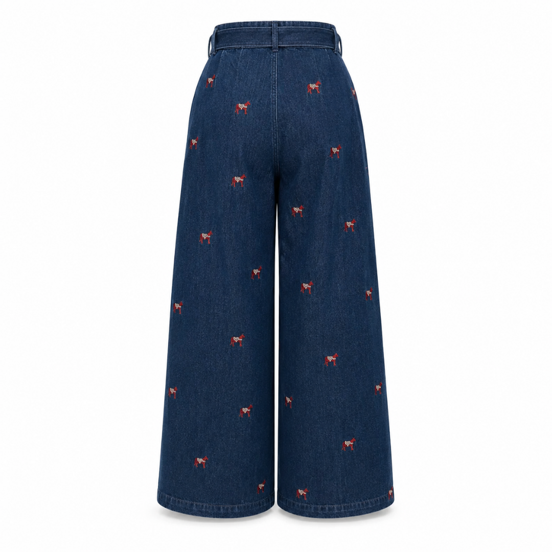 Olea | Pantalón Wide Leg Bordado con Cinturón para Dama