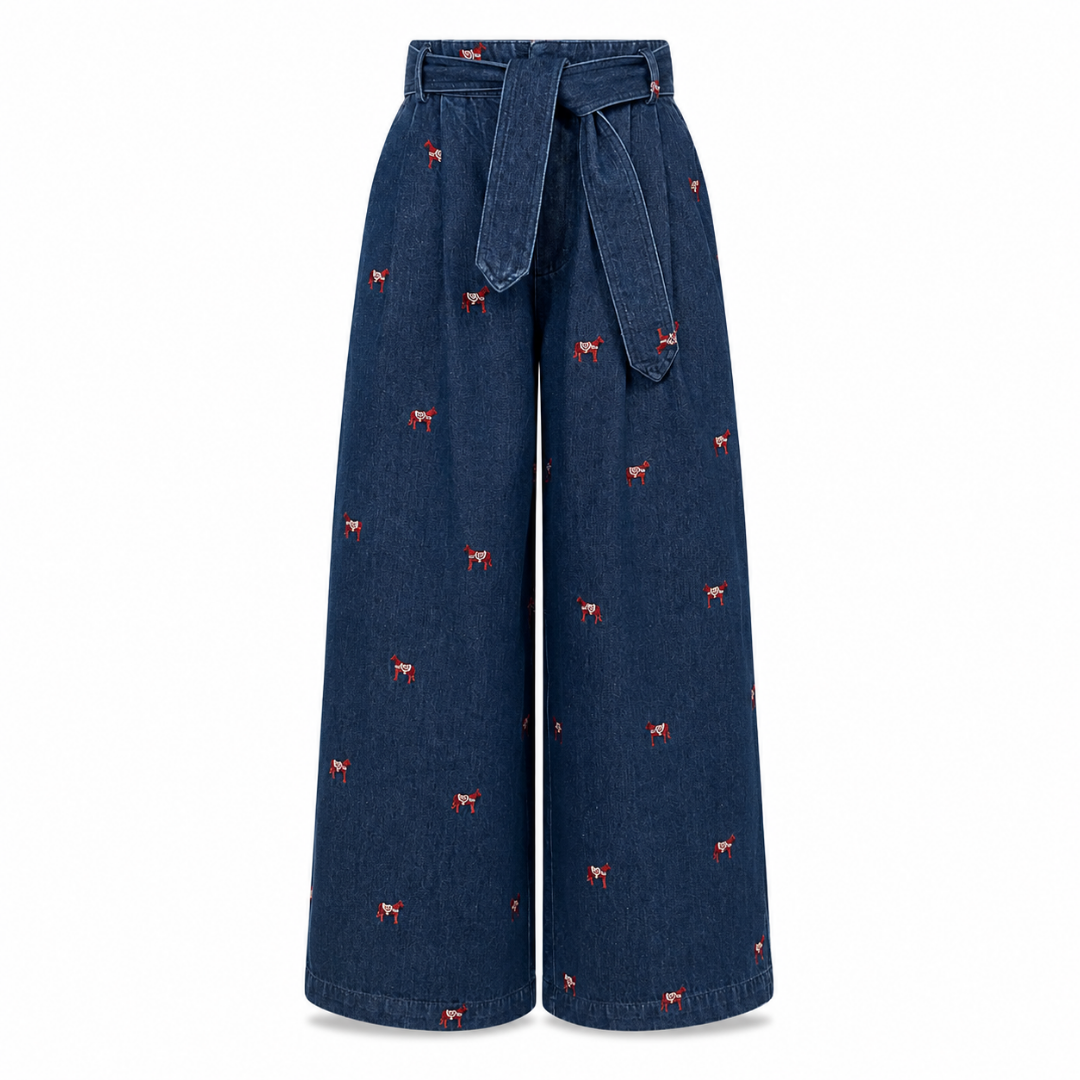 Olea | Pantalón Wide Leg Bordado con Cinturón para Dama