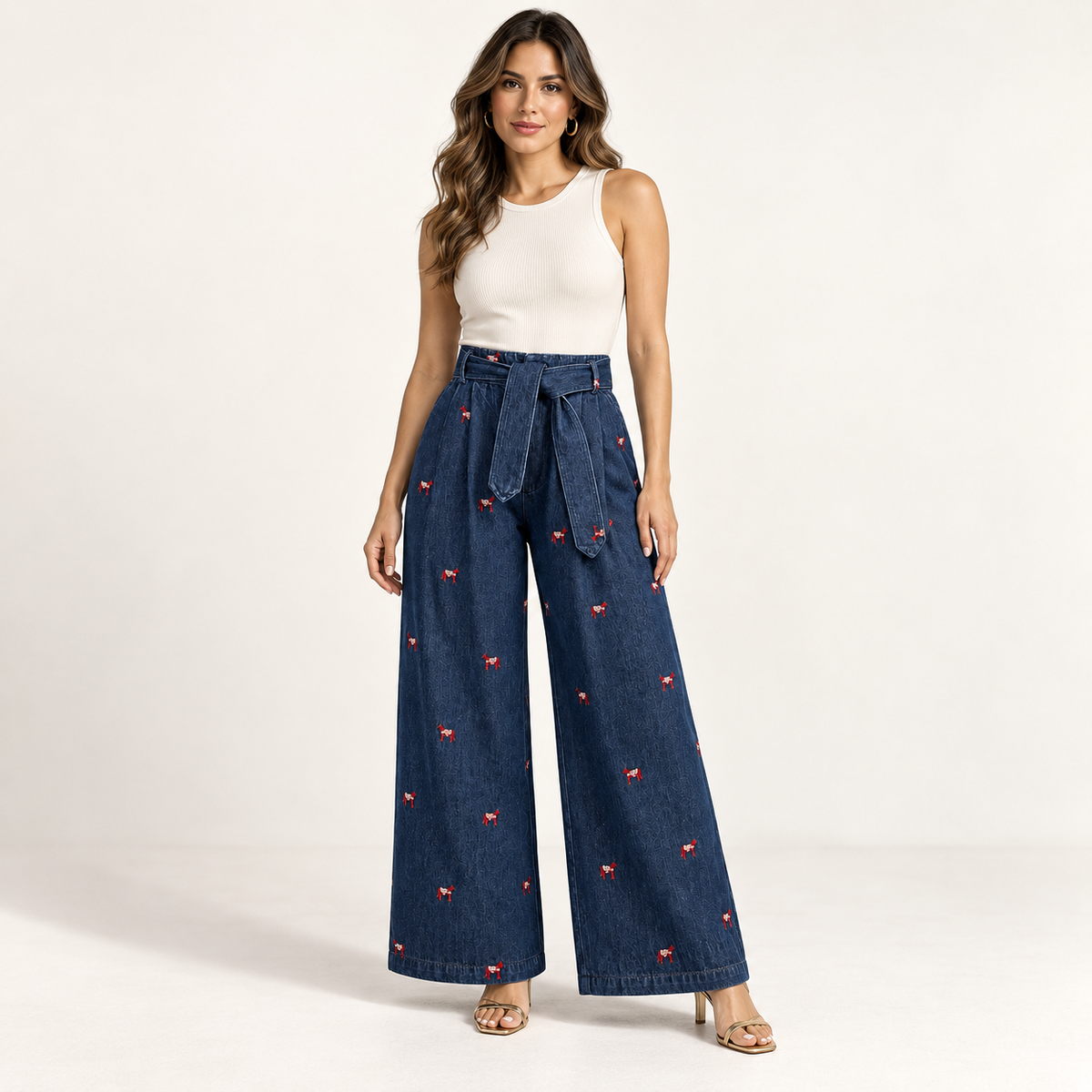 Olea | Pantalón Wide Leg Bordado con Cinturón para Dama
