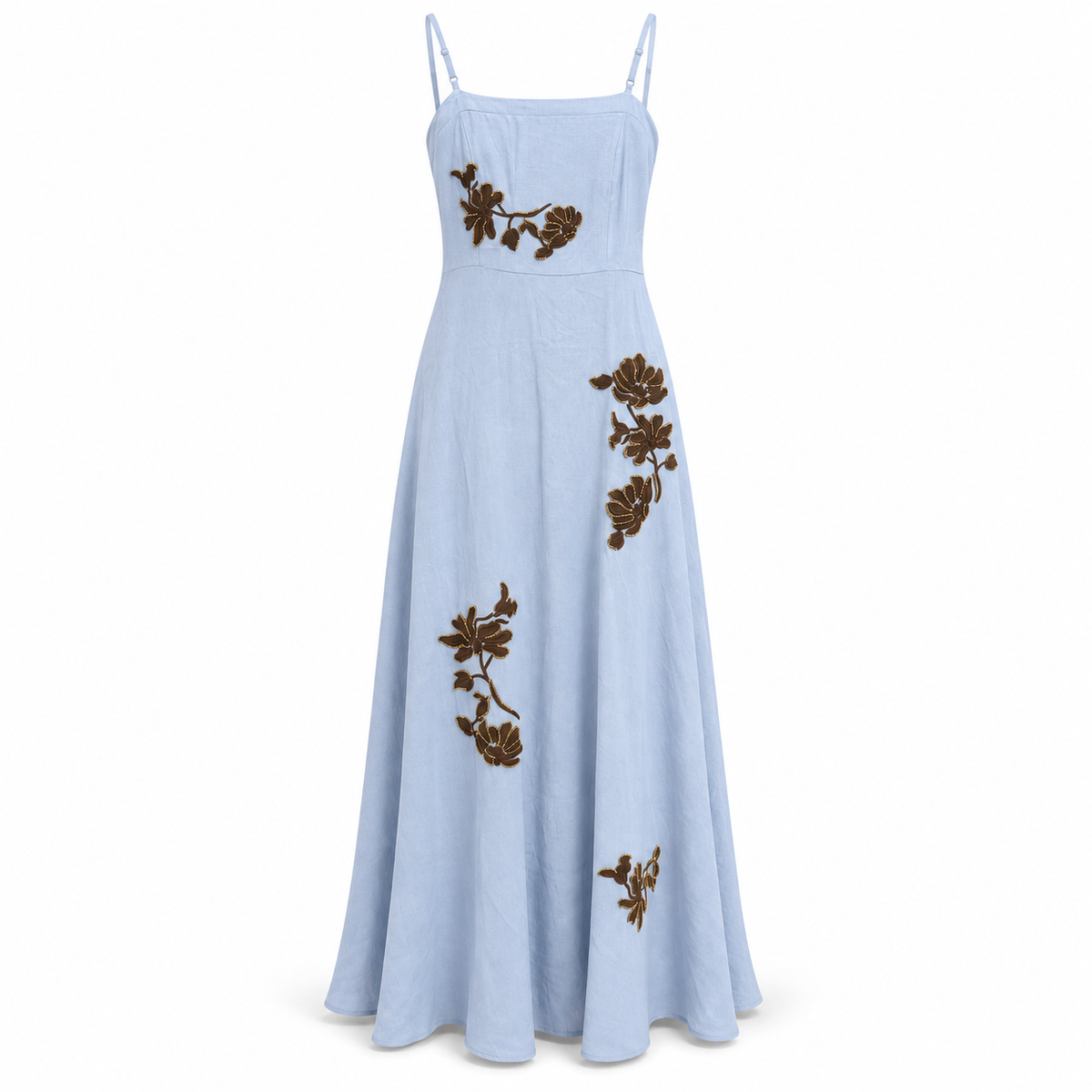 Olea | Vestido Largo Celeste con Bordado Floral para Dama