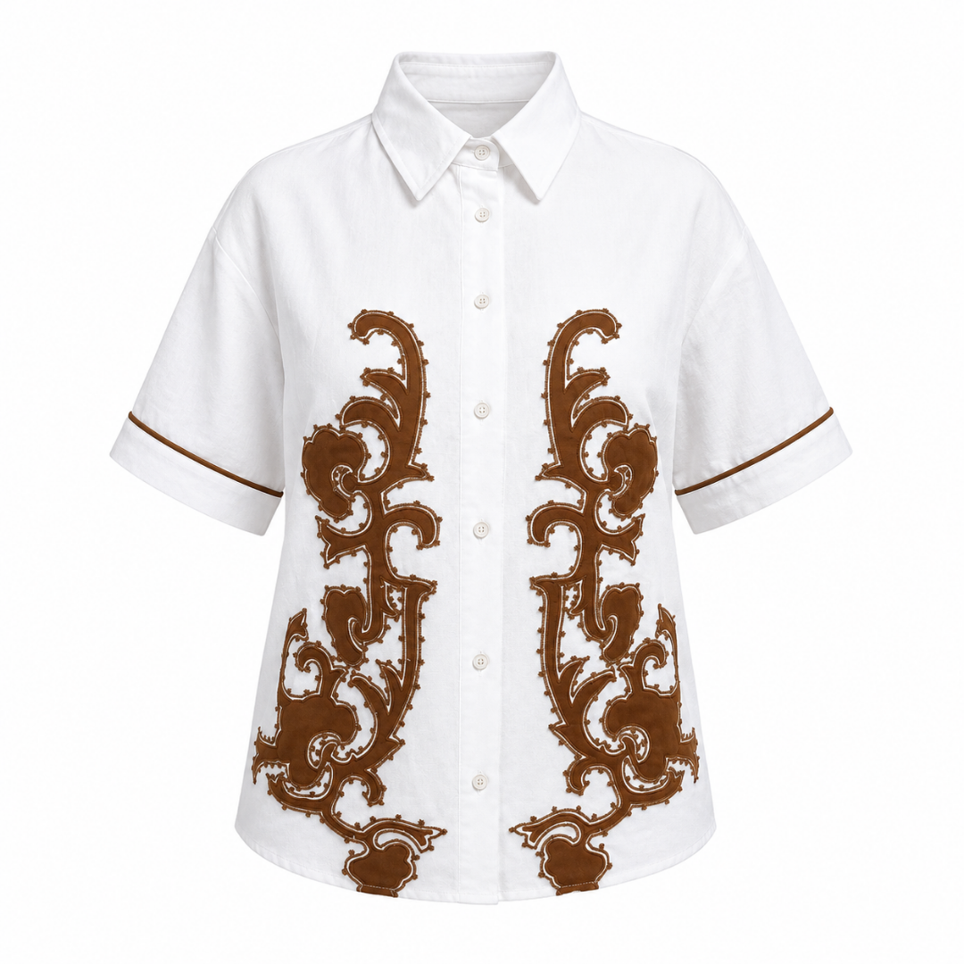Olea | Blusa Camisera Blanca con Bordado Ornamental para Dama