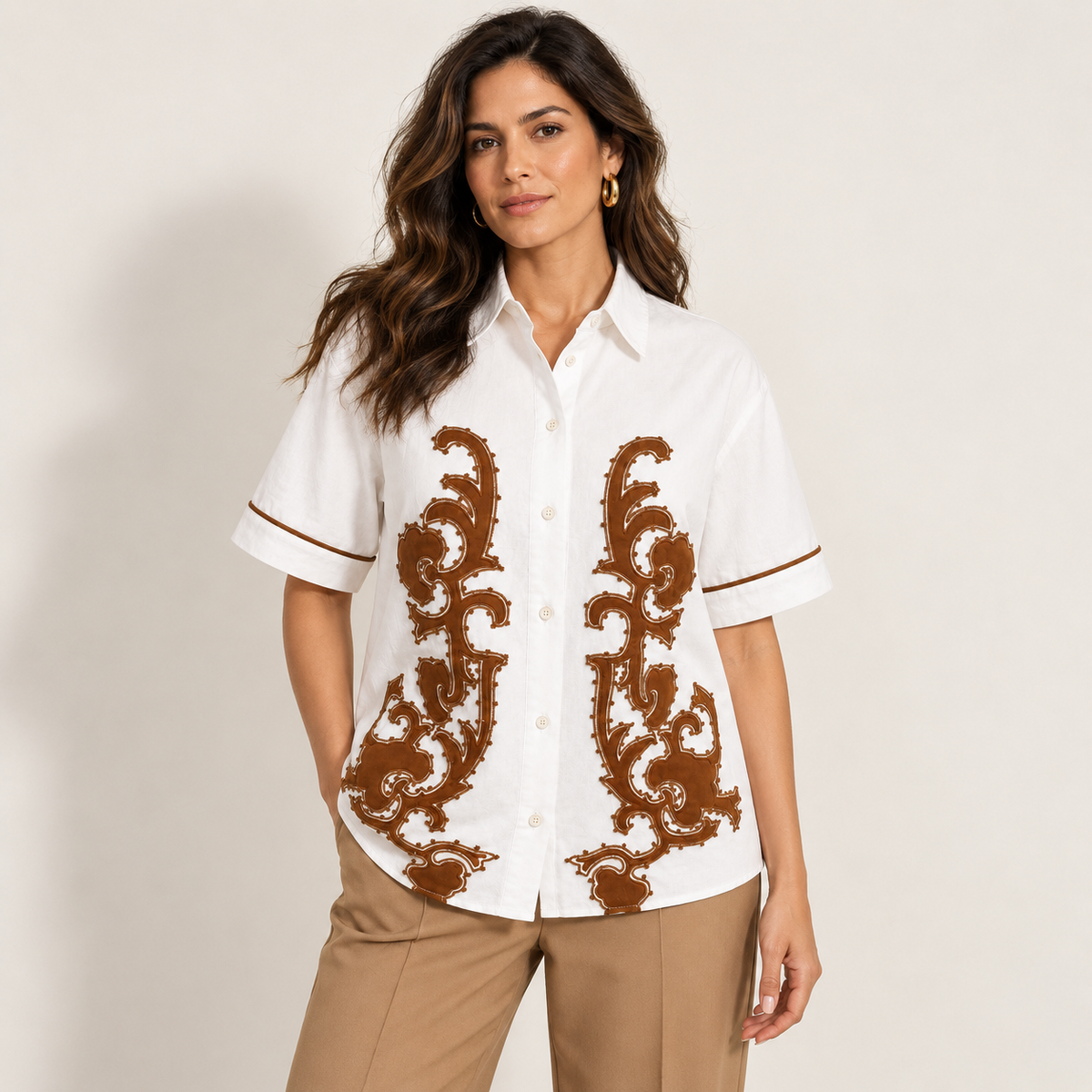Olea | Blusa Camisera Blanca con Bordado Ornamental para Dama