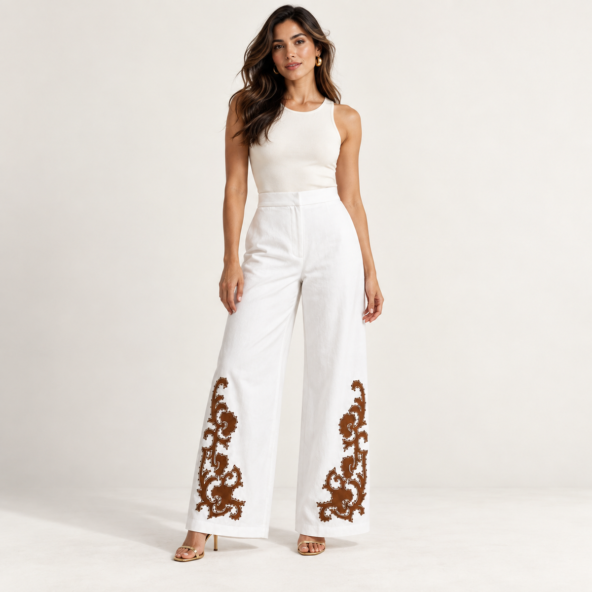 Olea | Pantalón Wide Leg Blanco con Bordado Ornamental para Dama