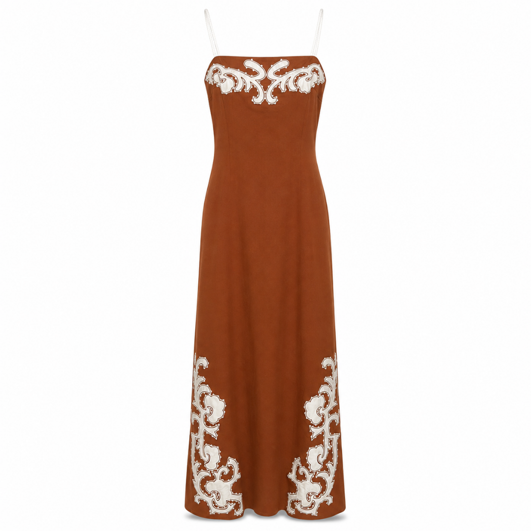 Olea | Vestido Largo Terracota con Bordado Ornamental para Dama