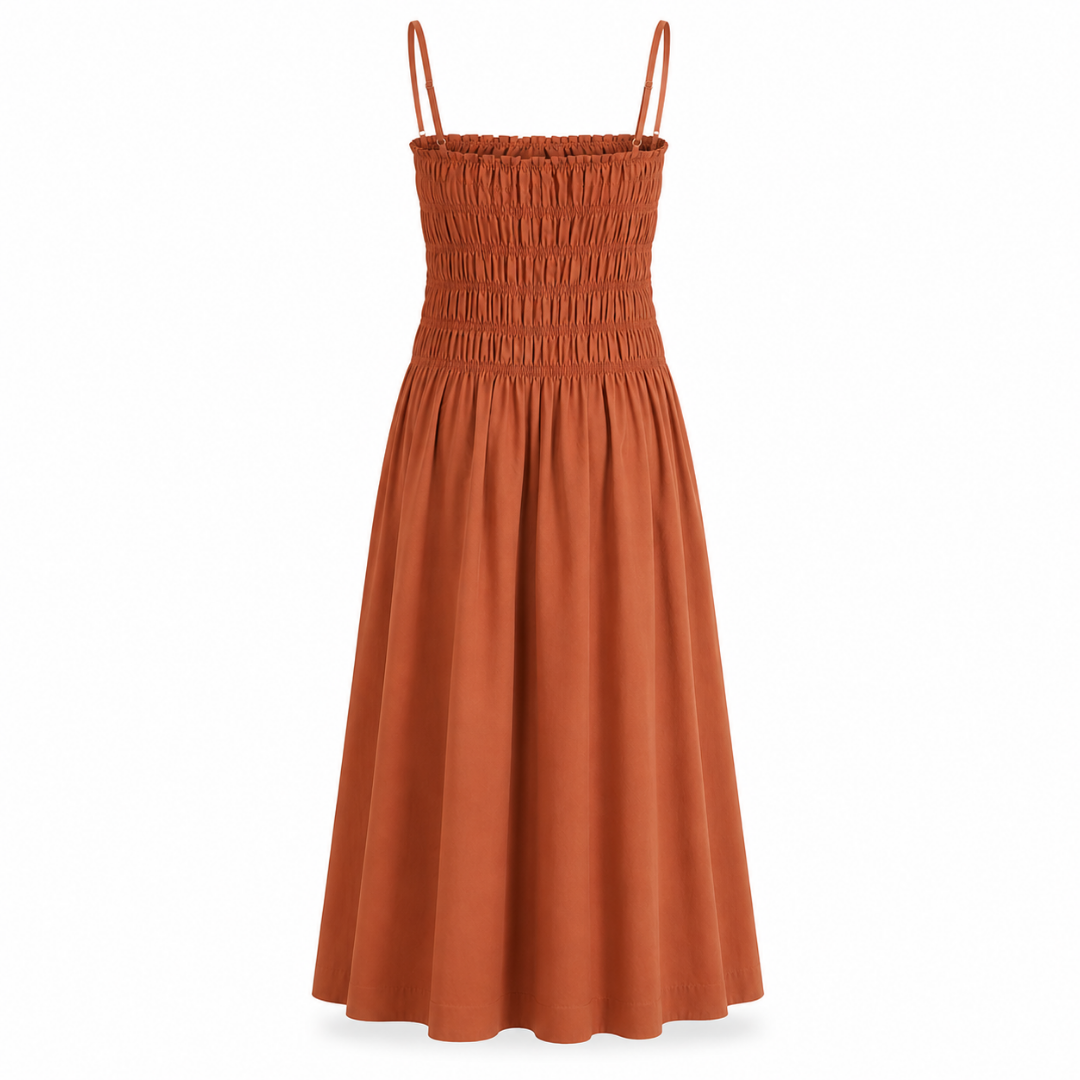Olea | Vestido Largo Terracota con Cuerpo Fruncido para Dama