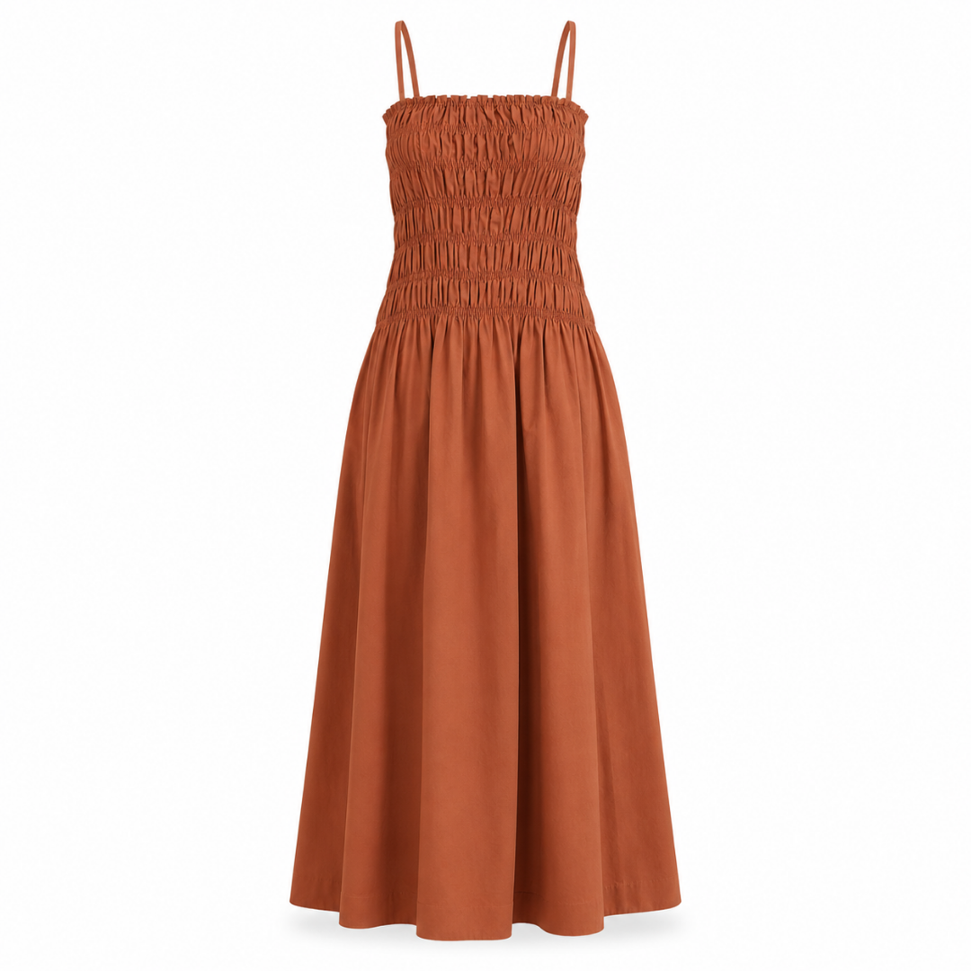 Olea | Vestido Largo Terracota con Cuerpo Fruncido para Dama