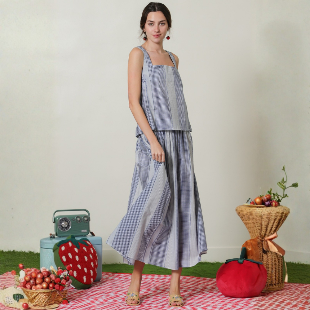 Conjunto de Top y Falda Larga Gingham para Dama