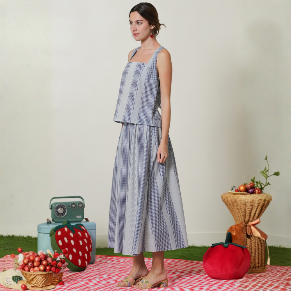 Conjunto de Top y Falda Larga Gingham para Dama
