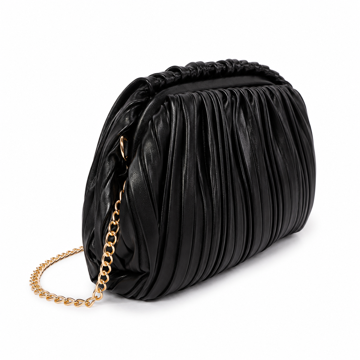 Olea Bolso Clutch Negro Plisado con Cadena Dorada