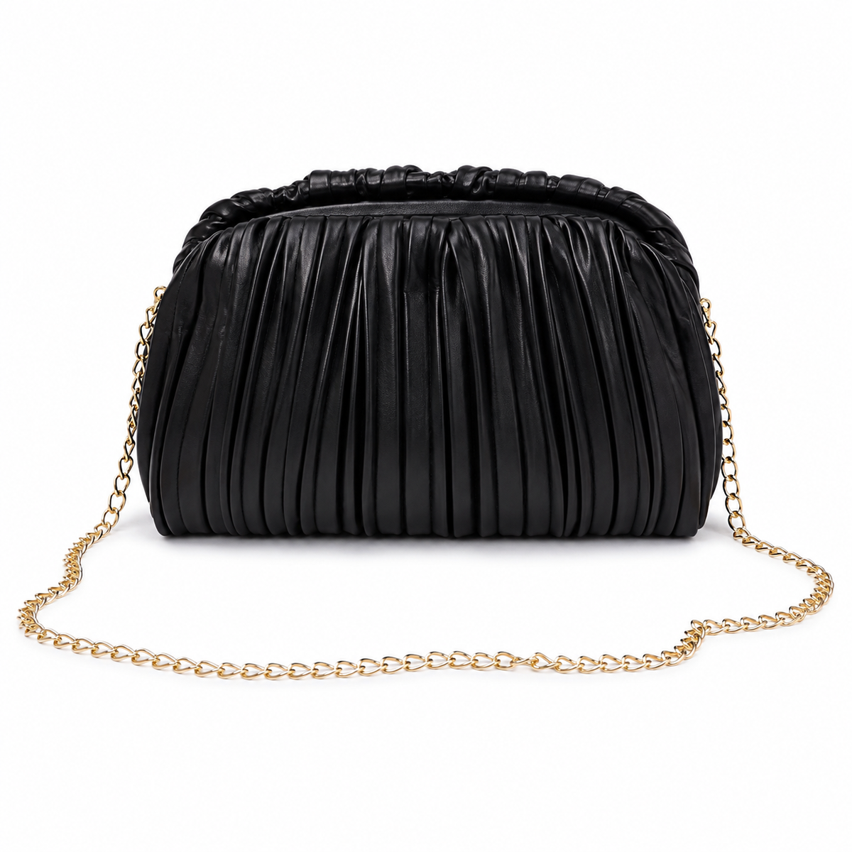 Olea Bolso Clutch Negro Plisado con Cadena Dorada
