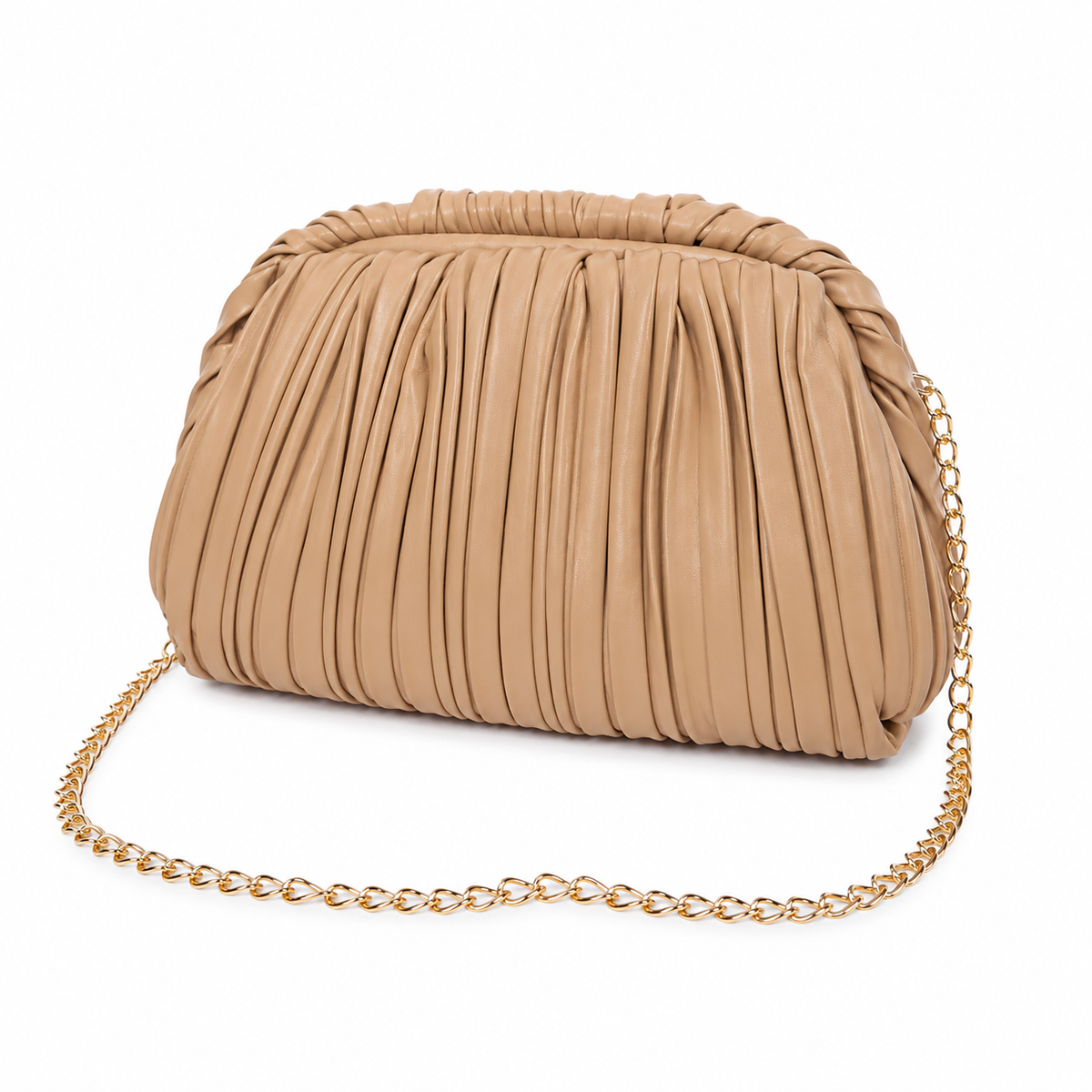 Olea Bolso Clutch Camel Plisado con Cadena Dorada