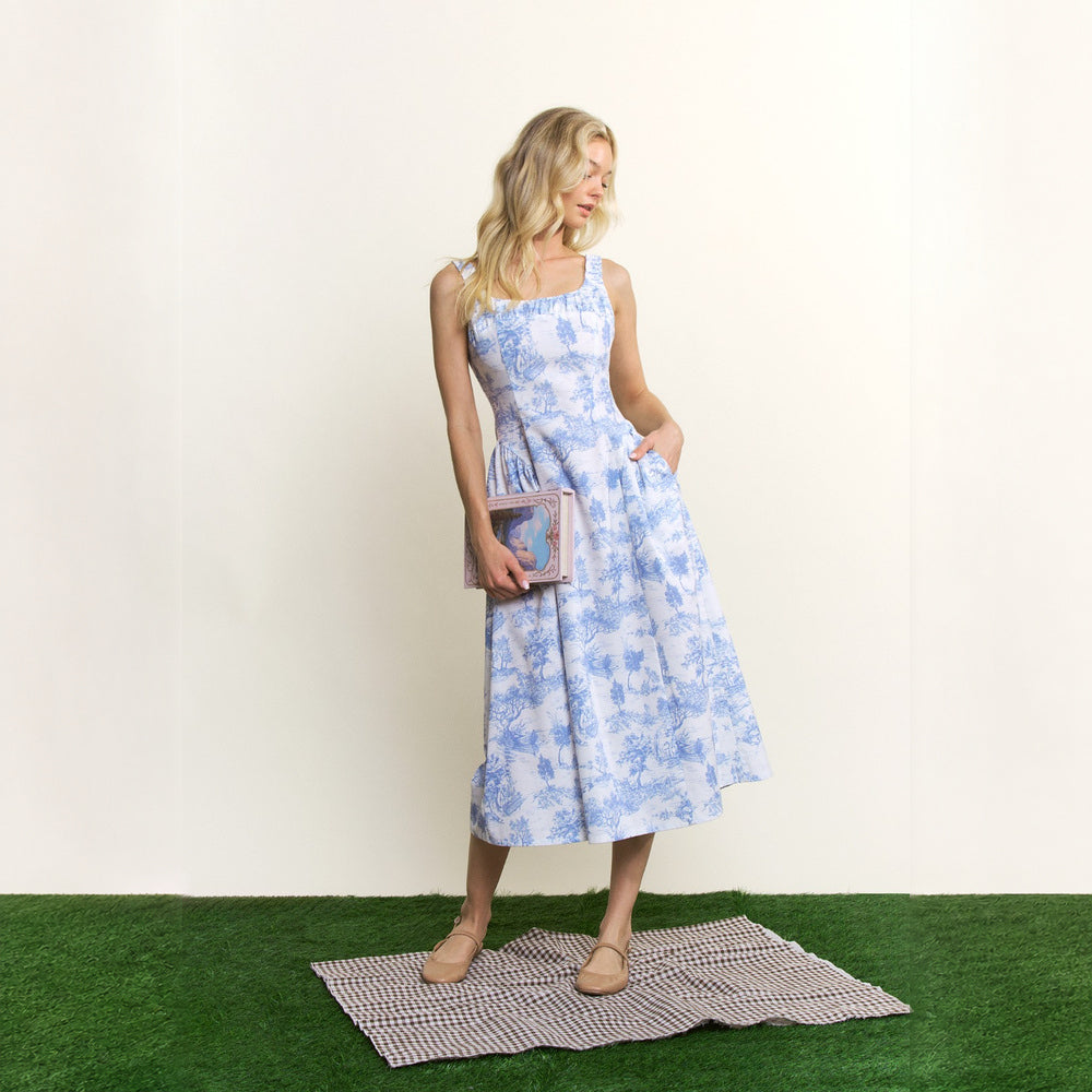 Vestido Midi Estampado con Escote Cuadrado para Dama