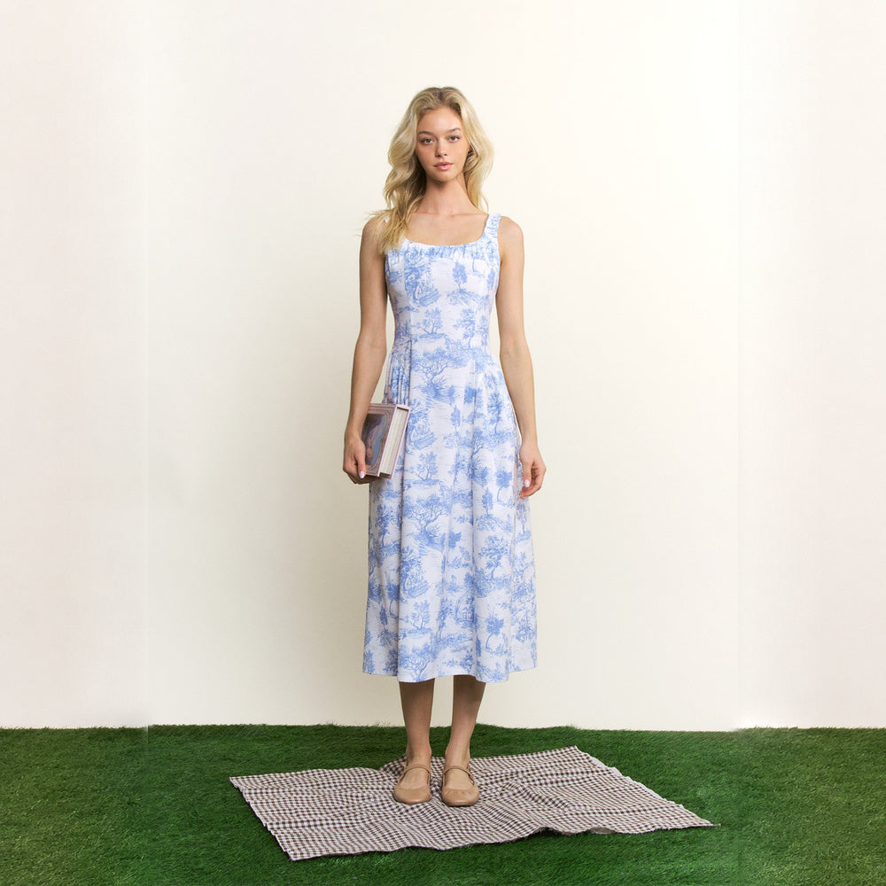 Vestido Midi Estampado con Escote Cuadrado para Dama