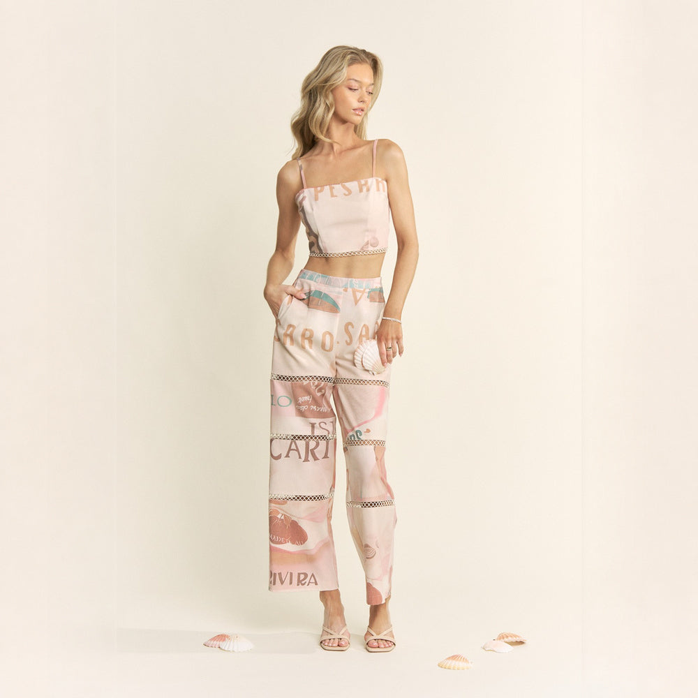 Conjunto Estampado de Top y Pantalón con Encaje para Dama
