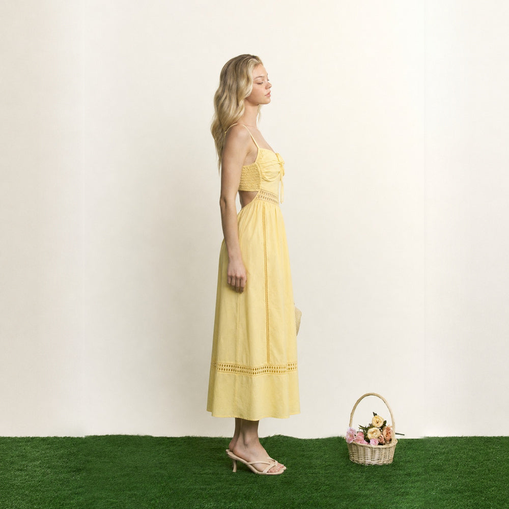 Vestido Midi de Algodón con Aberturas Laterales y Encaje para Dama