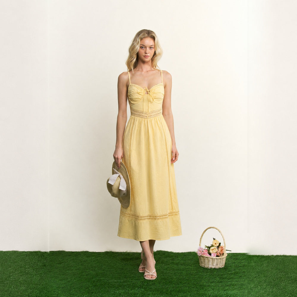 Vestido Midi de Algodón con Aberturas Laterales y Encaje para Dama