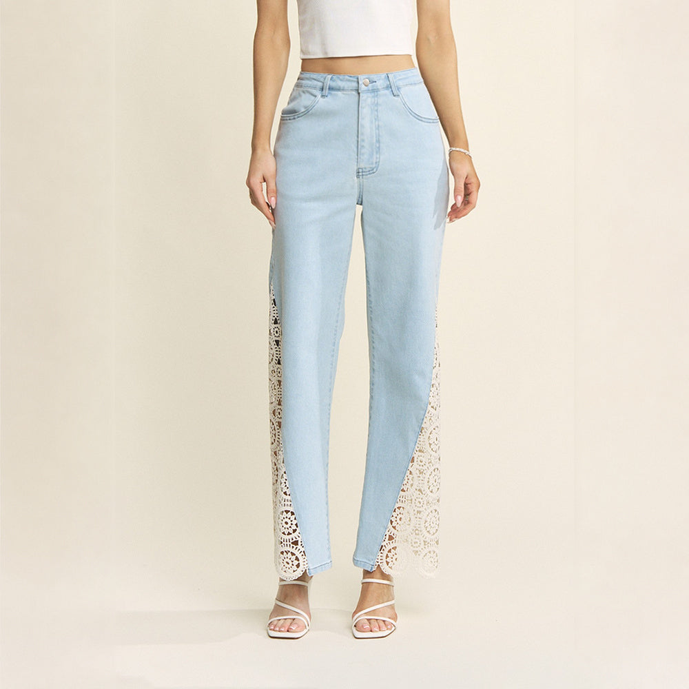 Pantalón Flare de Denim con Encaje de Crochet Lateral para Dama