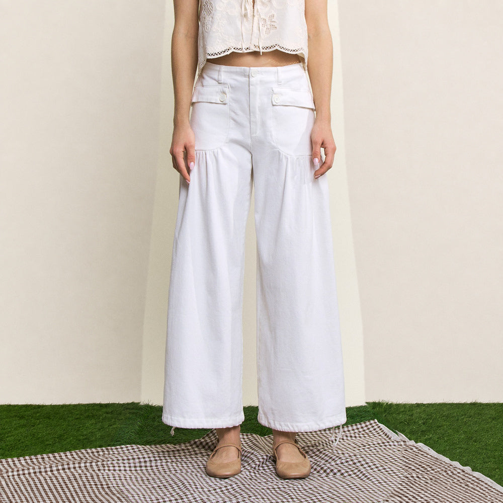 Pantalón Ancho con Bolsillos Frontales y Fruncido Lateral