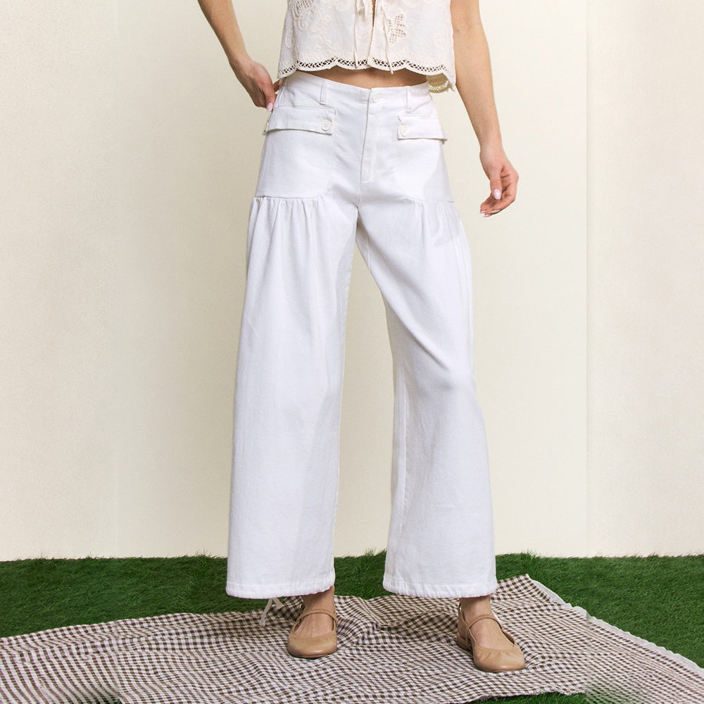 Pantalón Ancho con Bolsillos Frontales y Fruncido Lateral