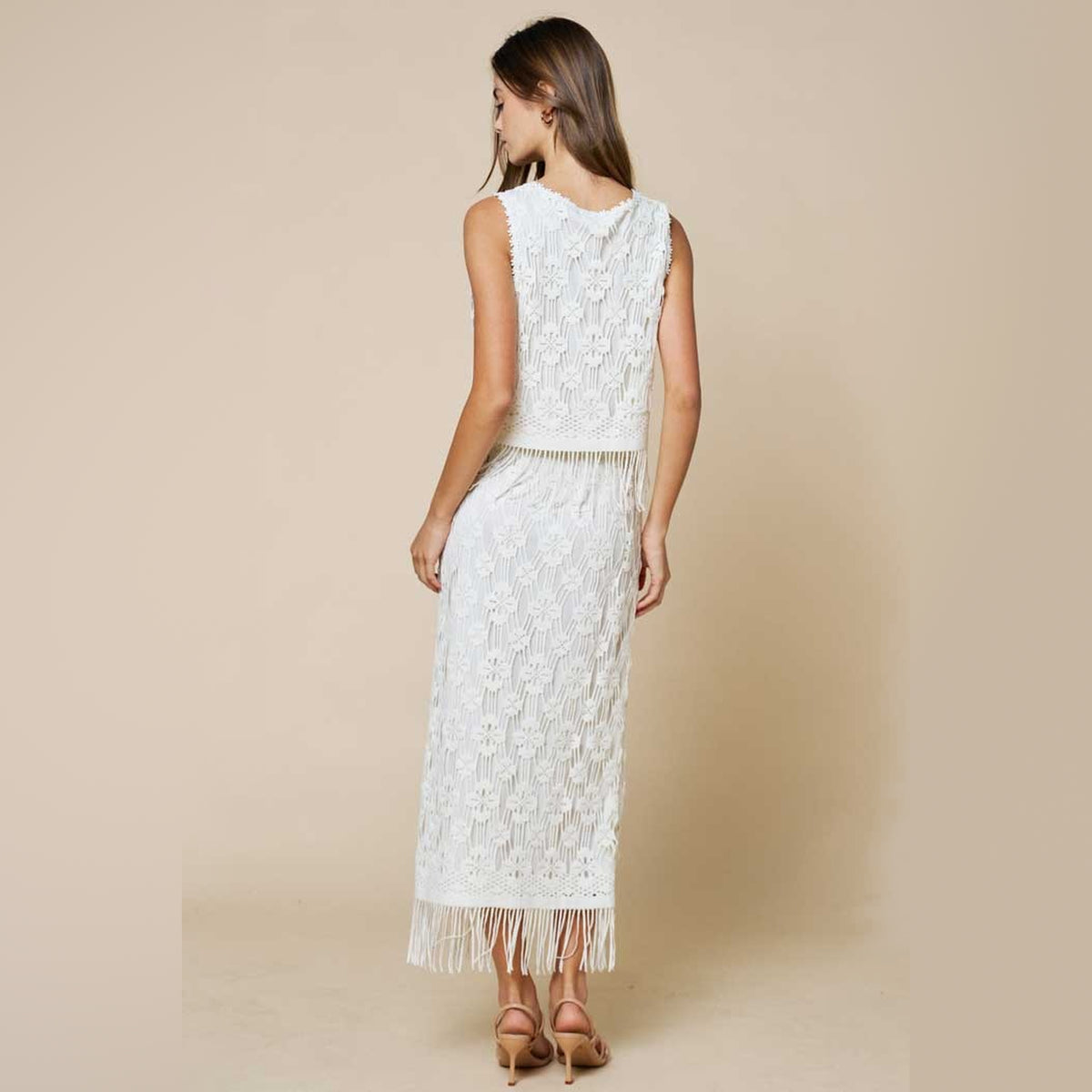 Conjunto de Top de Crochet y Falda Maxi con Flecos para Dama