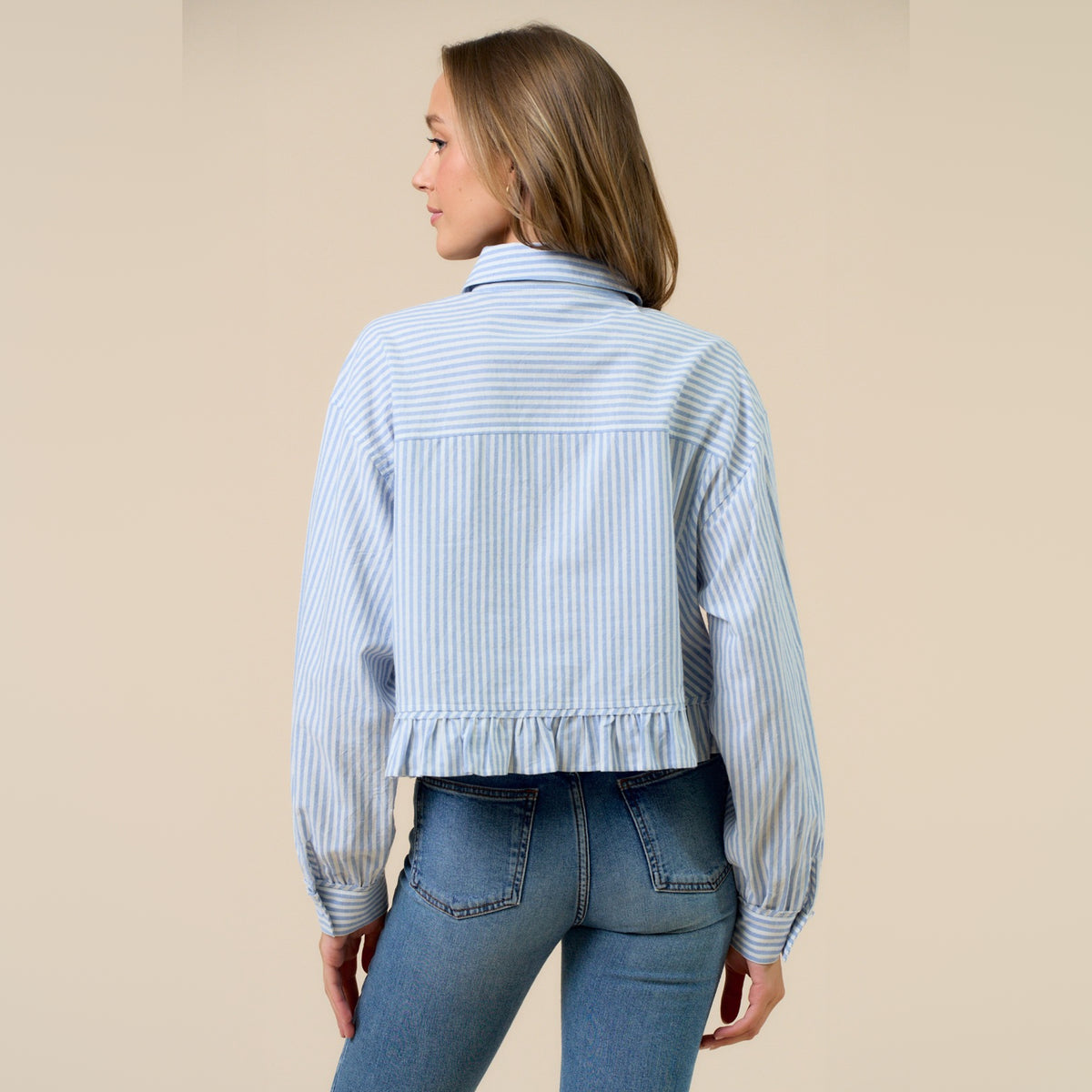 Camisa de Rayas con Botones y Bajo de Volantes para Dama