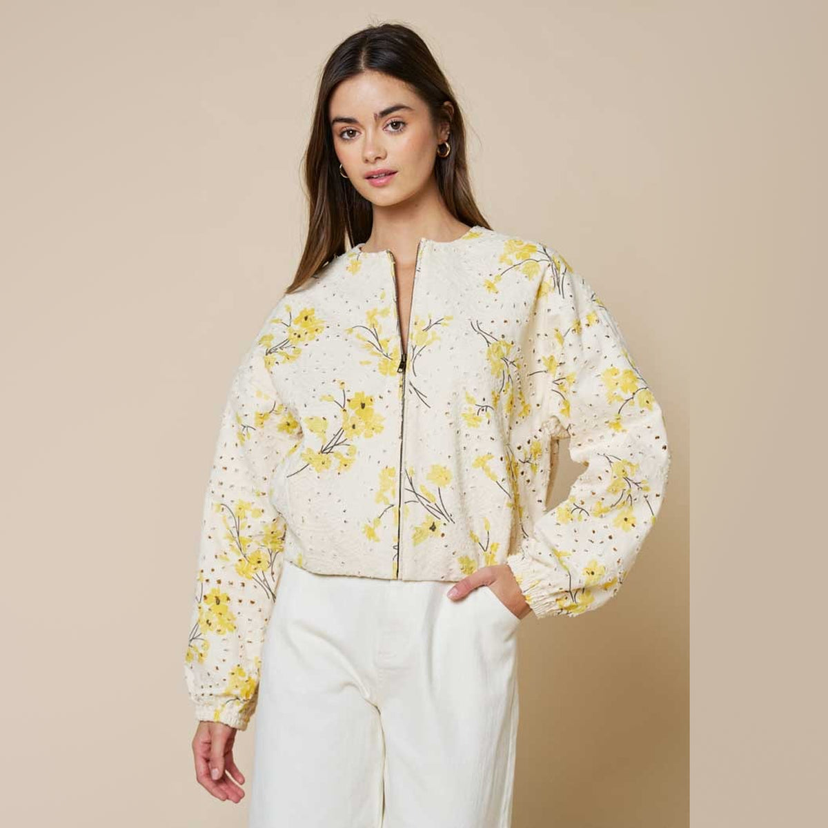 Chaqueta Floral Bordada con Cierre para Dama