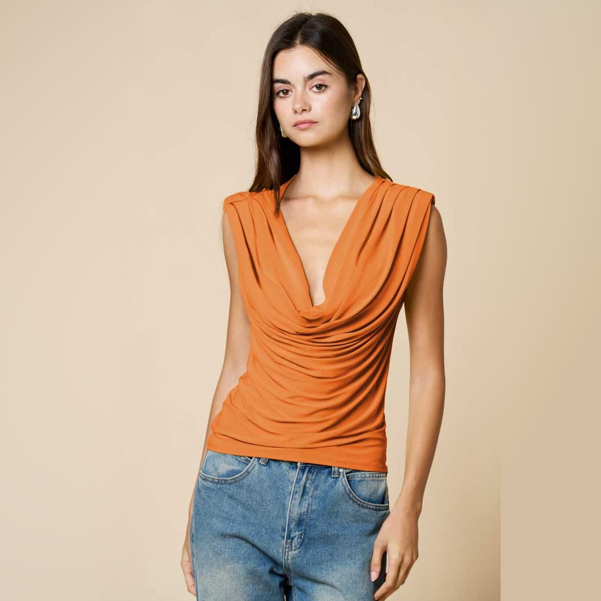 Top sin Mangas con Cuello Drapeado para Dama
