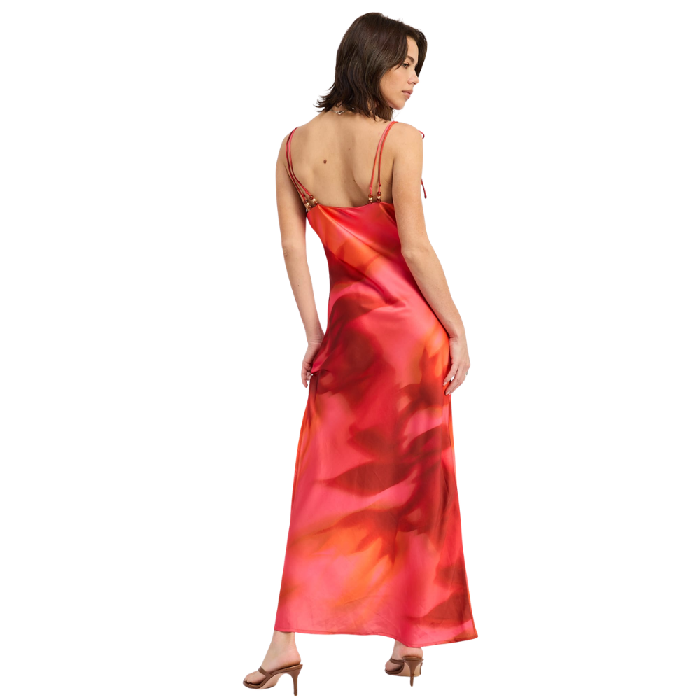 Vestido Maxi Satinado con Cuello Drapeado para Dama