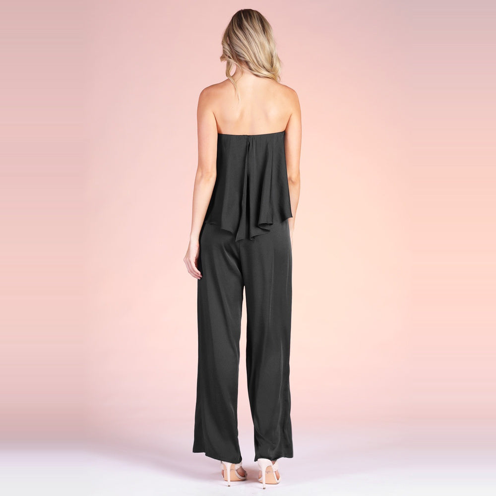 Jumpsuit Strapless Satinado con Detalle Cascada para Dama