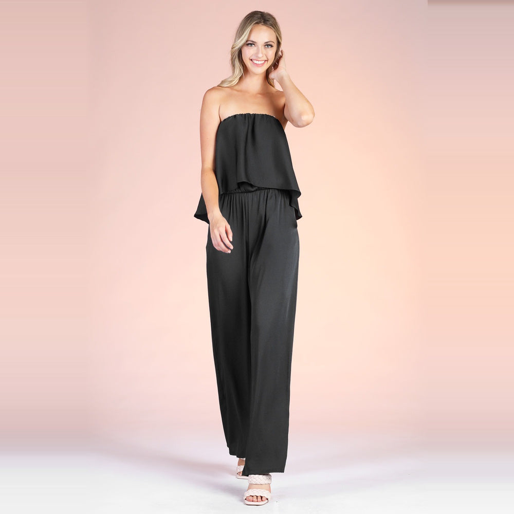 Jumpsuit Strapless Satinado con Detalle Cascada para Dama