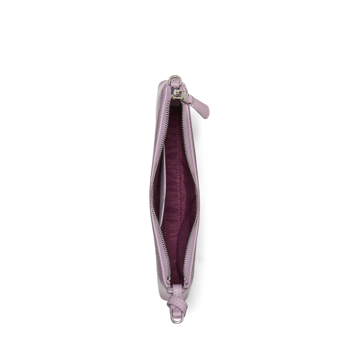 Bolso mini Loop cuero brillante violeta visto desde arriba con cremallera abierta.