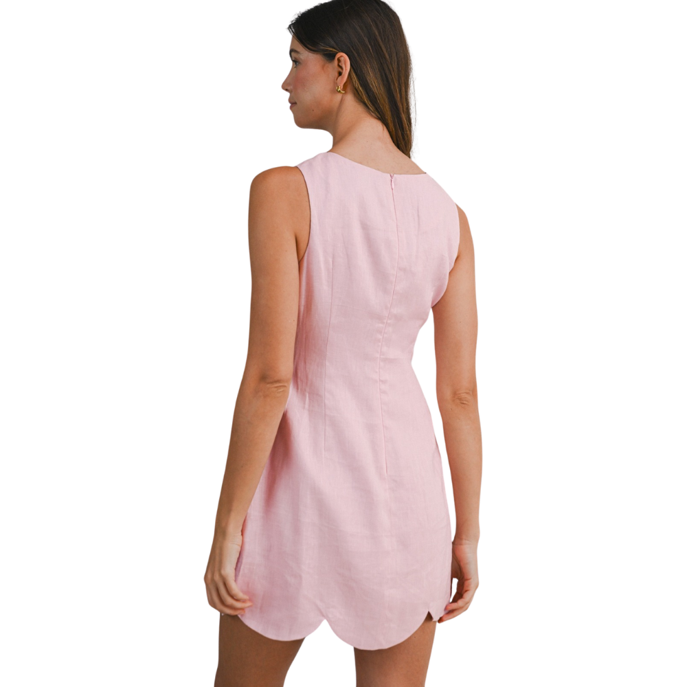 Vestido Mini de Lino con Bajo Festoneado para Dama