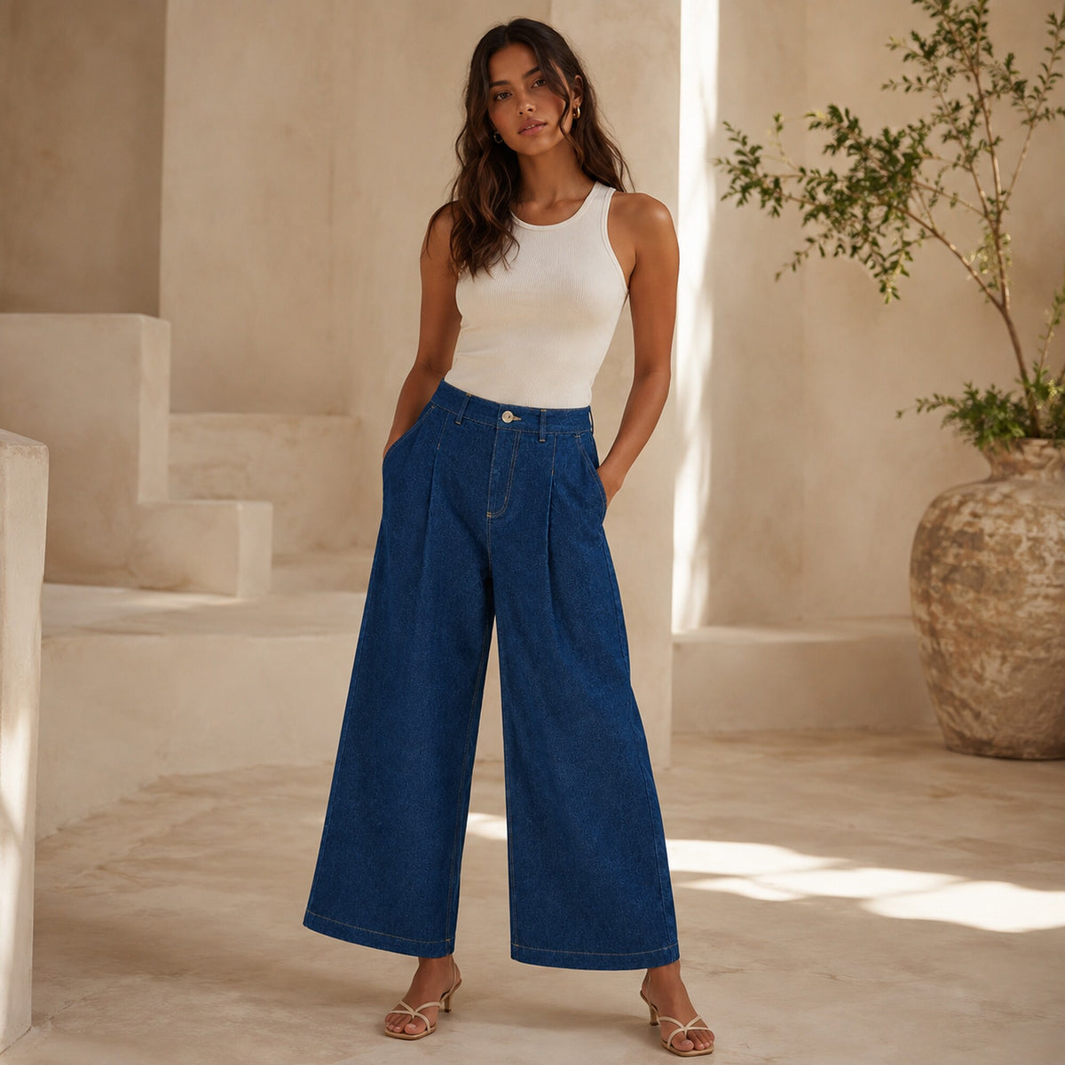 Olea | Pantalón Palazzo Navy de Tiro Alto para Dama