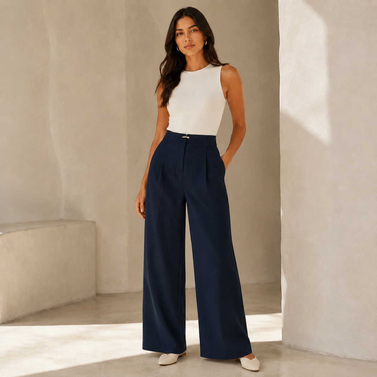Olea | Pantalón Sastre Negro de Pierna Ancha para Dama